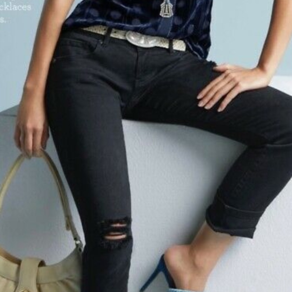 cabi Distressed Dark Charcoal Gray/Black Slim Boyfriend Cut Jeans Style 3387